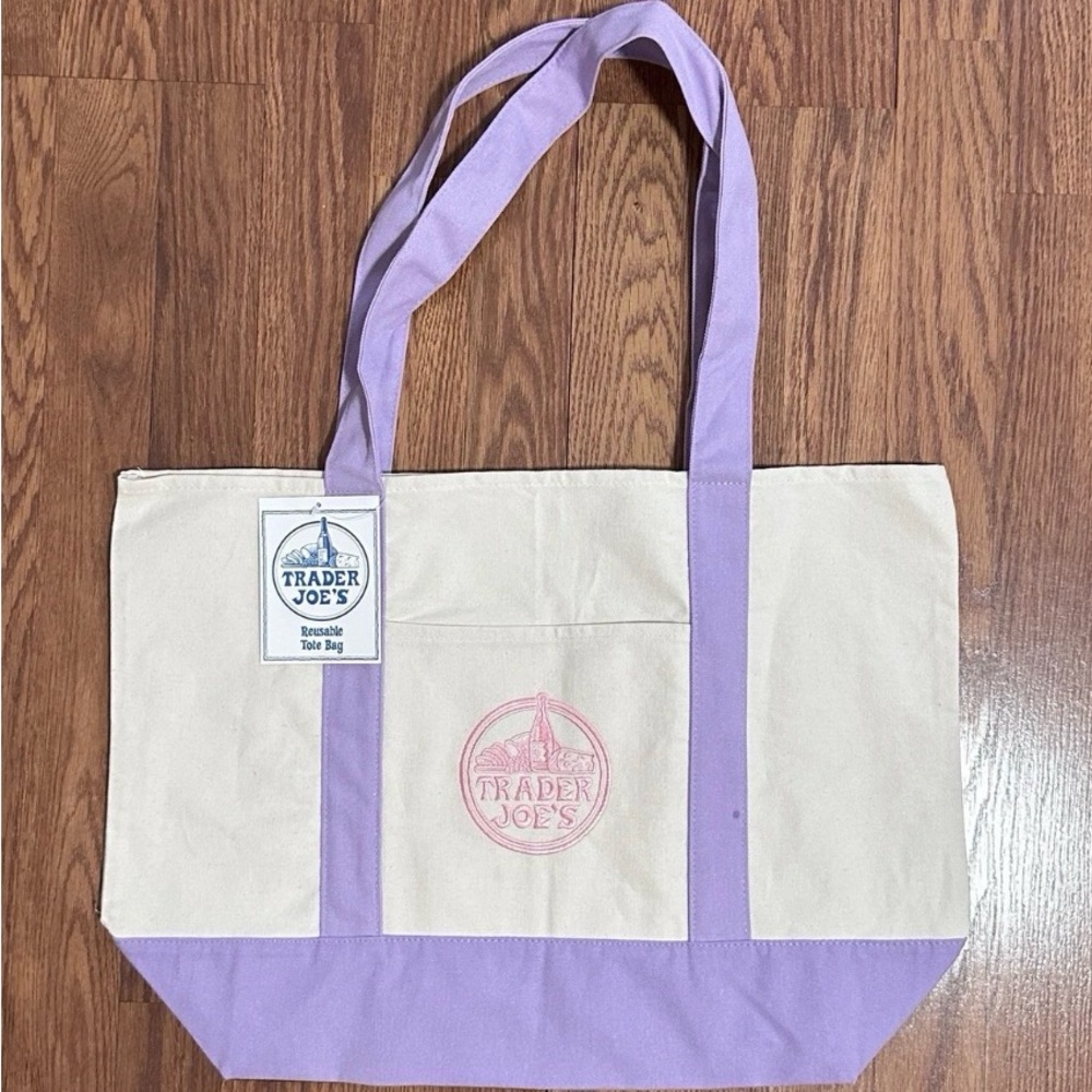 Trader Joe’s Cream and Lavender Canvas Tote Bag Large NWT - Picture 2 of 4